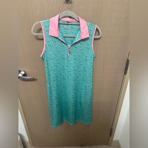Women’s Sleeveless Aqua Golf-Print Polo Dress with Pink Trim size small